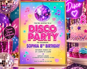 Disco Birthday Invitation, Girls Neon Disco Party Invite, Retro Dance Birthday Electronic Evite, Editable Canva Template D801