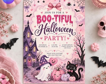 Boo-tiful Halloween Party Invitation, Pink Haunted House Ghost Invite, Spooky Cute Girls Costume Party Evite, Canva Template D815