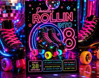 Roller Skate Birthday Invitation, Neon Roller Skating Party Invite, Rollin Into 8 Girl Skate Card, Canva Template D061