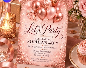 Rose Gold Birthday Invitation, Pink Glitter Balloons 40th Party Invite, Elegant Let's Party Celebration, Canva Template D800