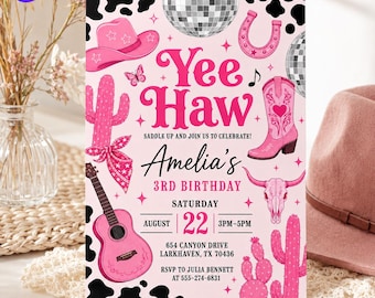 Pink Cowgirl Birthday Invitation, Yee Haw Space Cowgirl Bday Invite, Western Disco Party Card, Canva Template D319