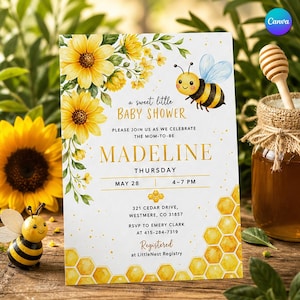 Pode incluir: Um convite retangular para chá de bebê com girassóis amarelos, uma abelha desenhada e um padrão de favo de mel. O texto diz: a sweet little BABY SHOWER, PLEASE JOIN US AS WE CELEBRATE THE MOM-TO-BE, MADELINE, THURSDAY, MAY 28, 4-7 PM.