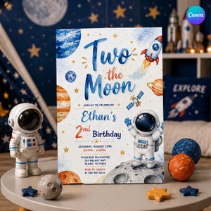 May include: A rectangular birthday invitation card featuring watercolor space illustrations including planets, a rocket, a satellite, and an astronaut. The text reads: Two the Moon, Join us to celebrate Ethan's 2nd Birthday, Saturday, August 23rd, 3:00PM - 6:00PM, Starlight Playhouse, 125 Galaxy Way, Plano, TX 75024, RSVP to Jessica at 555-987-6543.