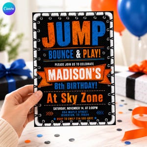 May include: A rectangular birthday invitation card with a black background featuring a white grommet border. Text reads: JUMP BOUNCE & PLAY! PLEASE JOIN US TO CELEBRATE MADISON'S 8th BIRTHDAY! AT SKY ZONE, SATURDAY, NOVEMBER 14, AT 3:00PM, 654 MAPLE STREET, RIVERTON, TX 75024, RSVP TO EMILY 214-555-6832.