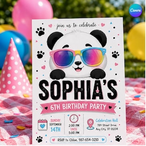 Könnte beinhalten: Eine weiße Geburtstagseinladungskarte mit einem Cartoon-Panda, der eine regenbogenfarbene Sonnenbrille trägt. Der Text lautet: join us to celebrate, SOPHIA'S 6TH BIRTHDAY PARTY, SUNDAY SEPTEMBER 14TH, 2:00 PM UNTIL 5:00 PM, Celebration Hall 789 Street Drive Any City, ST 01234, RSVP to Chloe, 987-654-3210.