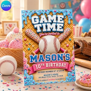 May include: A rectangular birthday invitation card featuring a waffle cone background with blue icing and sprinkles. The text reads GAME TIME, You're invited to, MASON'S 10TH BIRTHDAY, with event details including date, time, and location printed below.
