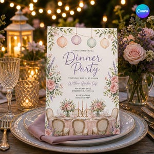 May include: A rectangular dinner party invitation card featuring a watercolour illustration of hanging paper lanterns, floral arrangements, and a set table. The text reads: Please join us for a Dinner Party, Thursday, May 21, at 6:30 PM, Willow Garden Café, 654 Silver Lane, Briarhaven, TX 70436, RSVP: Natalie (315) 482-7601.