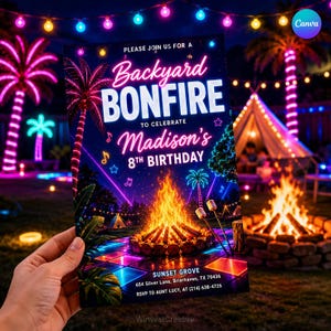 May include: A rectangular invitation card featuring a neon-style graphic of a backyard bonfire party. The text reads: Please join us for a Backyard Bonfire to celebrate Madison's 8th Birthday. Includes location details for Sunset Grove and RSVP info.