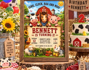 Farm Birthday Invitation, Farm Animals Birthday Invite, Barnyard 2nd Birthday Party, Toddler Boy Rustic Card, Editable Canva Template D791