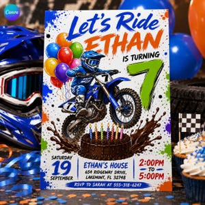 May include: A birthday invitation card featuring a motocross rider on a blue motorcycle jumping over a chocolate cake with seven candles. The text reads Let's Ride ETHAN IS TURNING 7, Saturday 19 September, Ethan's House, 654 Ridgeway Drive, Lakemont, FL 32748.