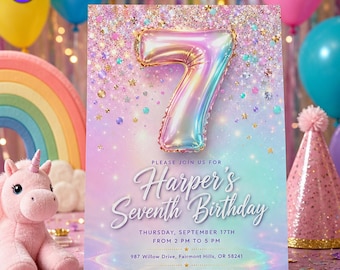 Glitter Birthday Invitation Girl Pastel Rainbow Foil Balloon 7th Birthday Party Printable Editable Canva Template D174