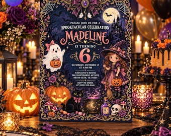 Halloween Birthday Invitation, Spooktacular Girls Witch Party Invite, Purple Spooky Ghost Black Cat 6th Evite, Canva Template D814