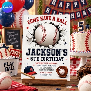 Op de afbeelding: Een witte verjaardagsuitnodigingskaart met een afbeelding van een honkbal die door een muur breekt, met de tekst COME HAVE A BALL, JACKSON'S 5TH BIRTHDAY, SATURDAY 21ST NOVEMBER, FROM 2:00PM TO 5:00PM, 482 MAPLE DRIVE, RIVERTON, NY 10462, RSVP TO SOPHIA AT 555-284-7316.
