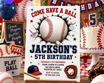 Baseball Birthday Invitation, Come Have A Ball Invite, Boys Sports 5th Birthday Party, Canva Template D786