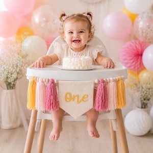 Pink Yellow Boho Tassel High Chair Banner, First Birthday Cake Smash Decor