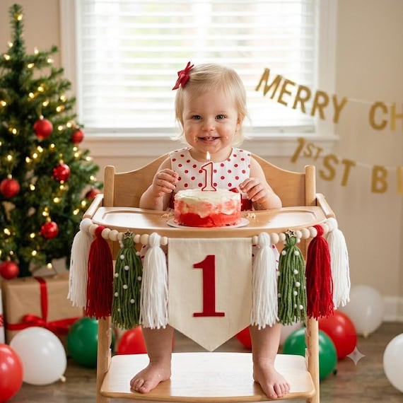 1st birthday Christmas chair banner, red chair banner, first birthday Christmas banner