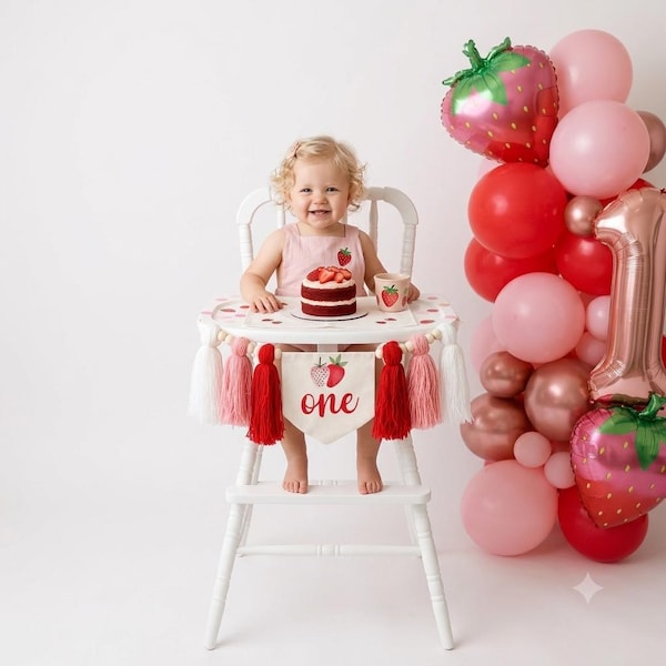 Berry First Birthday High Chair Banner, Strawberry 1st Birthday Decoration, Pink Girl Birthday Decor