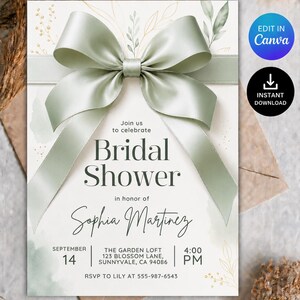Sage Green Bridal Shower Invitation Template Editable Elegant Bow Wedding Shower Invite Printable Bride To Be Digital Download Gift