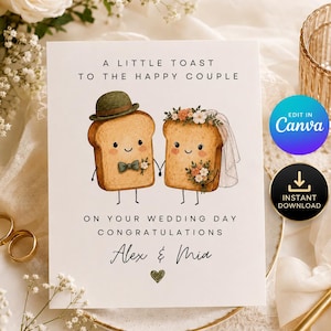 Funny Wedding Card Editable Canva Template, Cute Toast Bride and Groom Card, Personalized Wedding Congratulations Printable Instant Download