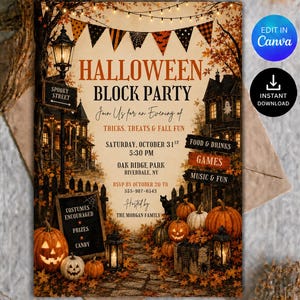 Peut inclure: Un flyer d'invitation pour une fête de quartier d'Halloween avec une maison hantée, des citrouilles orange, des lanternes noires et des feuilles d'automne. Le texte indique : Halloween Block Party, Join Us for an Evening of Tricks, Treats & Fall Fun.