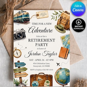 Peut inclure: Une carte d'invitation pour une fête de départ à la retraite avec des illustrations aquarelles d'un train, appareil photo, sac à dos, chapeau, carte, boussole, globe, valise et panneaux. Le texte indique : TIME FOR A NEW Adventure, RETIREMENT PARTY.