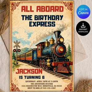 May include: A vintage-style birthday invitation card featuring a steam locomotive train. The text reads: ALL ABOARD THE BIRTHDAY EXPRESS, JACKSON IS TURNING 6, SATURDAY, APRIL 20TH AT 2:30PM, THE ADVENTURE STATION, 1234 IMAGINATION WAY, SUNNYVILLE, GA 90210.