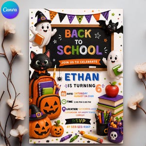 Halloween Back to School Birthday Invitation Template, Editable School Birthday Party Invite, Cute Ghost Pumpkin Canva Printable Digital