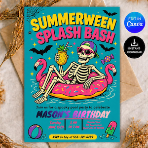 May include: A teal party invitation featuring a skeleton wearing sunglasses and a cap, floating in a pink donut pool float while holding a pineapple drink. The text reads SUMMERWEEN SPLASH BASH, MASON'S BIRTHDAY, and includes event details.