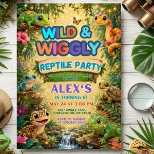 Reptile Birthday Invitation Editable Canva Template, Jungle Reptile Party Invite, Gecko Turtle Snake Lizard Birthday, Printable Invitation,