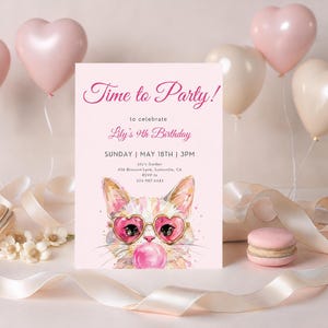 May include: A rectangular birthday invitation card on a light pink background featuring the text Time to Party! to celebrate Lily's 9th Birthday, Sunday May 18th at 3PM, Lily's Garden, 456 Blossom Lane, Sunnyville, CA, RSVP to 355-987-6543.