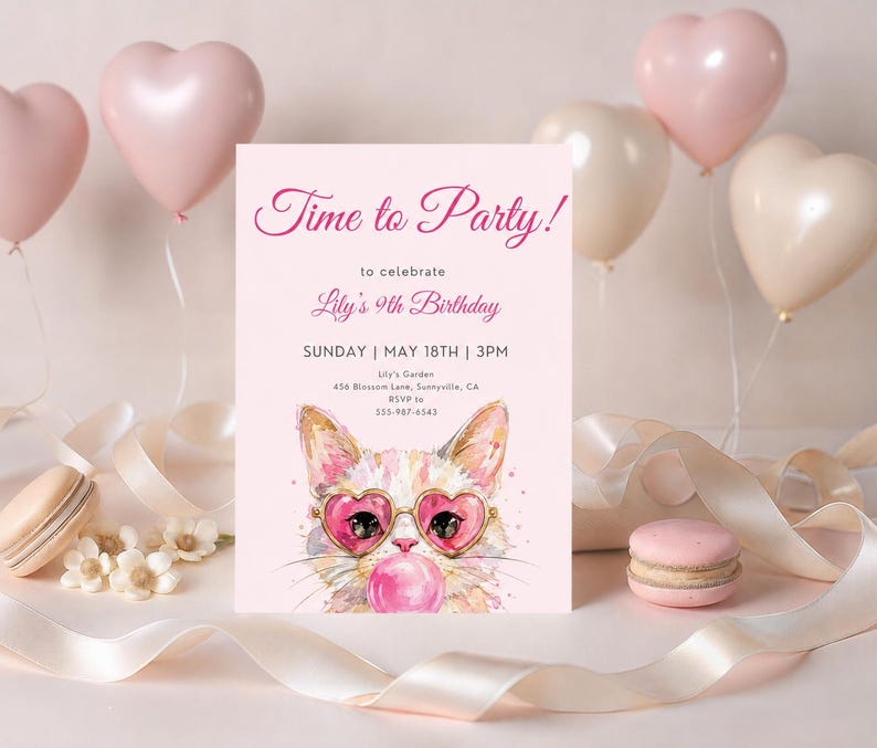May include: A rectangular birthday invitation card on a light pink background featuring the text Time to Party! to celebrate Lily's 9th Birthday, Sunday May 18th at 3PM, Lily's Garden, 456 Blossom Lane, Sunnyville, CA, RSVP to 355-987-6543.