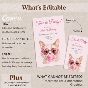 May include: A digital invitation template featuring a watercolor-style cat wearing pink heart-shaped glasses and blowing a pink bubble. The text reads Time to Party, to celebrate Lily's 9th Birthday, Sunday May 18th 3PM, Lily's Garden, and RSVP.
