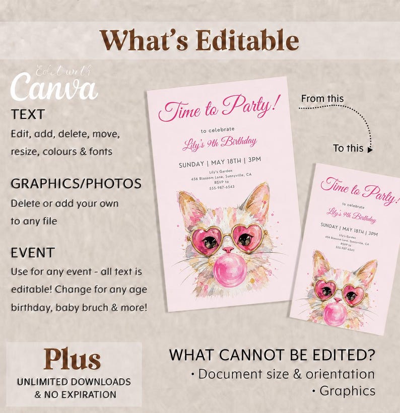 May include: A digital invitation template featuring a watercolor-style cat wearing pink heart-shaped glasses and blowing a pink bubble. The text reads Time to Party, to celebrate Lily's 9th Birthday, Sunday May 18th 3PM, Lily's Garden, and RSVP.