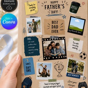 Peut inclure: Un modèle de carte de fête des pères sur papier kraft avec plusieurs cadres photo, du texte manuscrit comme 'Happy Father's Day', 'Best Dad Ever' et 'Best Moments', ainsi que des illustrations d'un trophée, d'un ballon et d'un sac à dos.