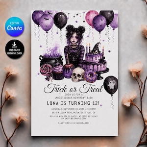 Peut inclure: Une invitation d'anniversaire sur le thème d'Halloween avec une personne aux cheveux sombres, un haut rayé violet et noir et une salopette. Le design inclut des ballons violets et noirs, un crâne, un gâteau, un chaudron et le texte: Trick or Treat, Luna is turning 12.