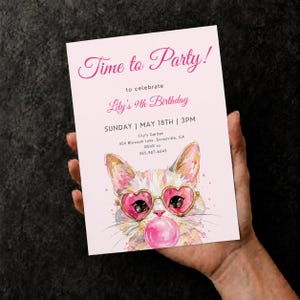 May include: A rectangular birthday invitation card on a light pink background featuring a watercolor illustration of a cat wearing heart-shaped pink glasses and blowing a bubblegum bubble. Text reads: Time to Party! to celebrate Lily's 9th Birthday.