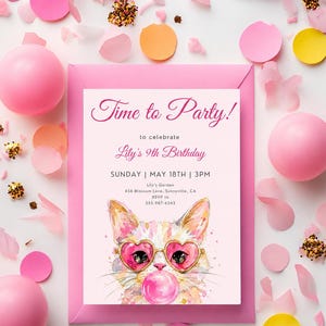 May include: A rectangular pink invitation card featuring the text Time to Party! to celebrate Lily's 9th Birthday, Sunday May 18th at 3PM, Lily's Garden, 456 Blossom Lane, Sunnyville, CA, RSVP to 555-987-6543, and a watercolor cat wearing heart glasses.