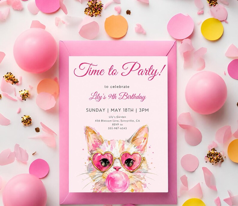 May include: A rectangular pink invitation card featuring the text Time to Party! to celebrate Lily's 9th Birthday, Sunday May 18th at 3PM, Lily's Garden, 456 Blossom Lane, Sunnyville, CA, RSVP to 555-987-6543, and a watercolor cat wearing heart glasses.