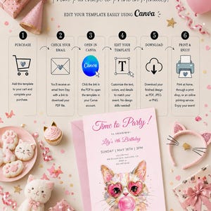 May include: An instructional infographic titled HOW IT WORKS From Purchase to Print in Minutes! detailing six steps to edit a template in Canva, featuring a pink birthday invitation with a cat wearing heart glasses and bubblegum, plus party decor.