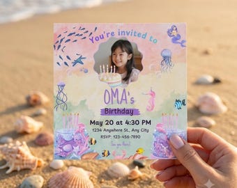 Editable Under the Sea Birthday Invitation Template, Pastel Ocean Theme Birthday Party Invite with Photo, Cute Mermaid