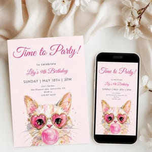 May include: A light pink birthday invitation card and a smartphone screen displaying the same design. Both feature a watercolor illustration of a cat wearing heart-shaped glasses and blowing a pink bubble, with the text Time to Party! Lily's 9th Birthday.