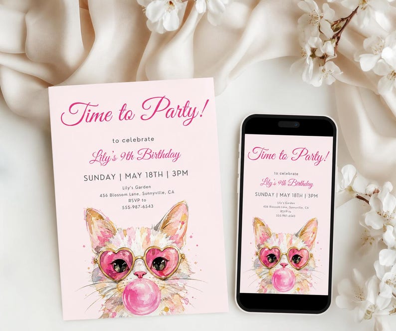 May include: A light pink birthday invitation card and a smartphone screen displaying the same design. Both feature a watercolor illustration of a cat wearing heart-shaped glasses and blowing a pink bubble, with the text Time to Party! Lily's 9th Birthday.