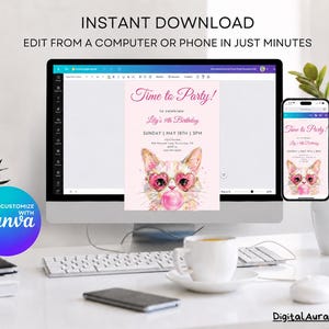 May include: A computer monitor and smartphone displaying a customizable birthday invitation template featuring a cat wearing heart-shaped glasses and blowing a bubble. The text reads Time to Party, Lily's 9th Birthday, Sunday May 18th, 3PM.