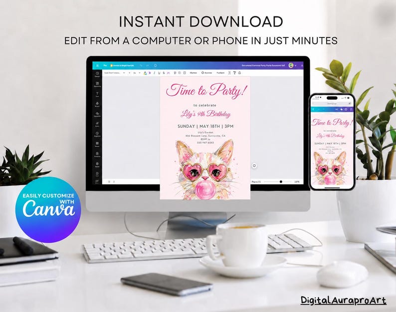 May include: A computer monitor and smartphone displaying a customizable birthday invitation template featuring a cat wearing heart-shaped glasses and blowing a bubble. The text reads Time to Party, Lily's 9th Birthday, Sunday May 18th, 3PM.