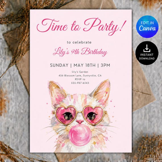 Cute Pink Cat Birthday Invitation Editable Kitty Party Invite Girls Birthday Printable Watercolor Kitten Digital Download
