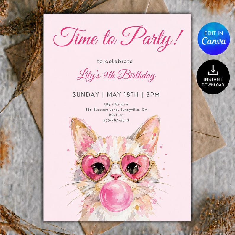 May include: A light pink birthday invitation card featuring a watercolor illustration of a cat wearing heart-shaped glasses and blowing a bubblegum bubble. The text reads Time to Party! to celebrate Lily's 9th Birthday, Sunday May 18th 3PM.