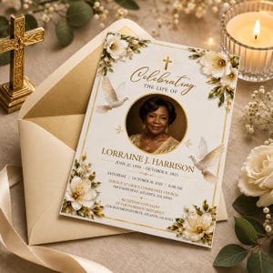 Peut inclure: Une carte de programme funéraire avec un portrait circulaire de Lorraine J. Harrison, des colombes blanches et des motifs floraux. Le texte indique Celebrating the Life of Lorraine J. Harrison, 21 juin 1950 – 8 octobre 2025, samedi 18 octobre 2025, 11h00.