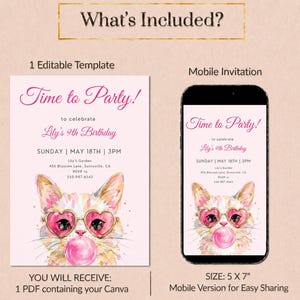 May include: An editable 5x7 inch birthday invitation template and a mobile version featuring a watercolor cat wearing pink heart-shaped glasses and blowing a bubblegum bubble. The text reads Time to Party! to celebrate Lily's 9th Birthday.