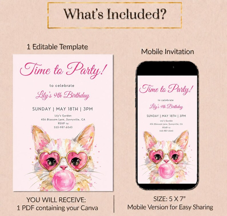 May include: An editable 5x7 inch birthday invitation template and a mobile version featuring a watercolor cat wearing pink heart-shaped glasses and blowing a bubblegum bubble. The text reads Time to Party! to celebrate Lily's 9th Birthday.