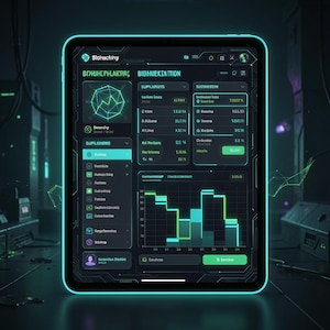 May include: A tablet displaying a dark interface with glowing cyan neon accents, featuring a dashboard titled Biohacking. The screen shows various data panels, a geometric line graph, a bar chart, and a sidebar menu with multiple icons.
